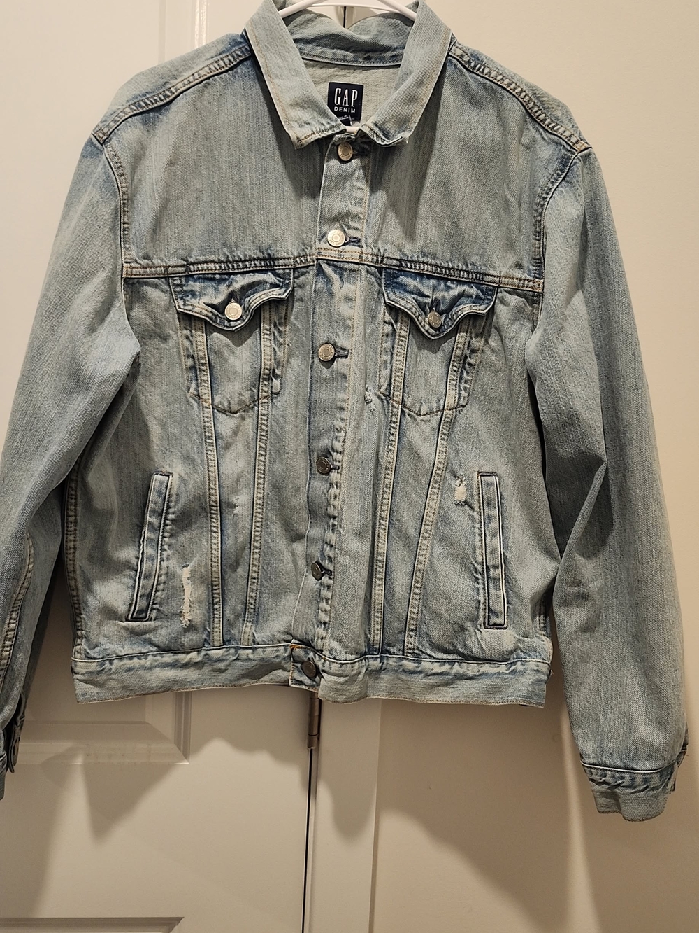 GAP Light Blue Denim Trucker Jacket Distressed.